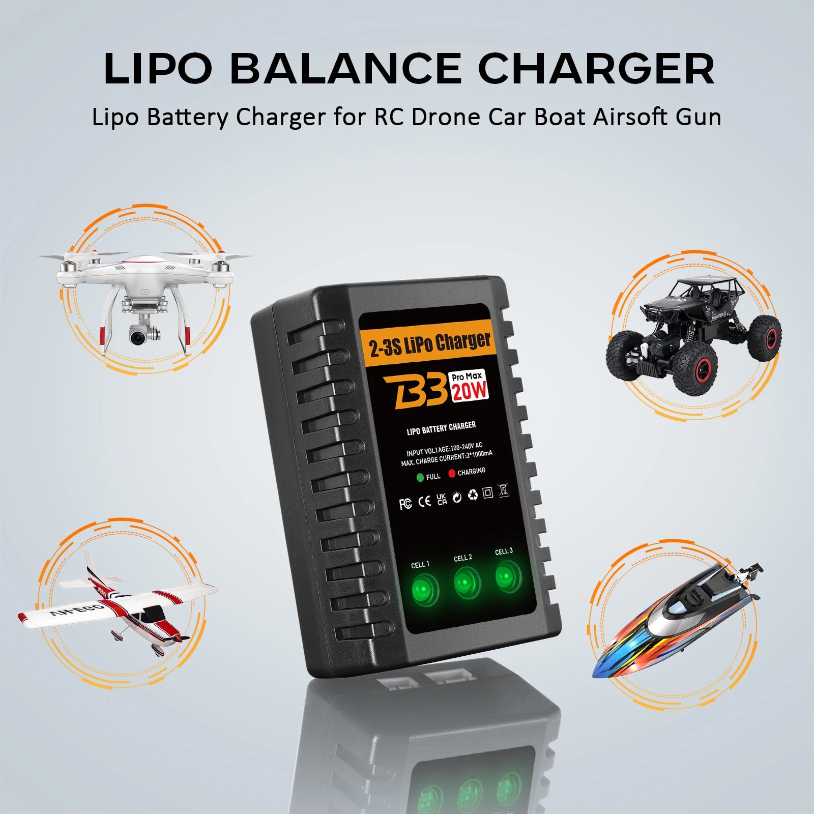 HTRC B3 2S-3S Lipo Battery Charger 110-220V AC LED 20W B3 Compact Charger Balance RC Charger