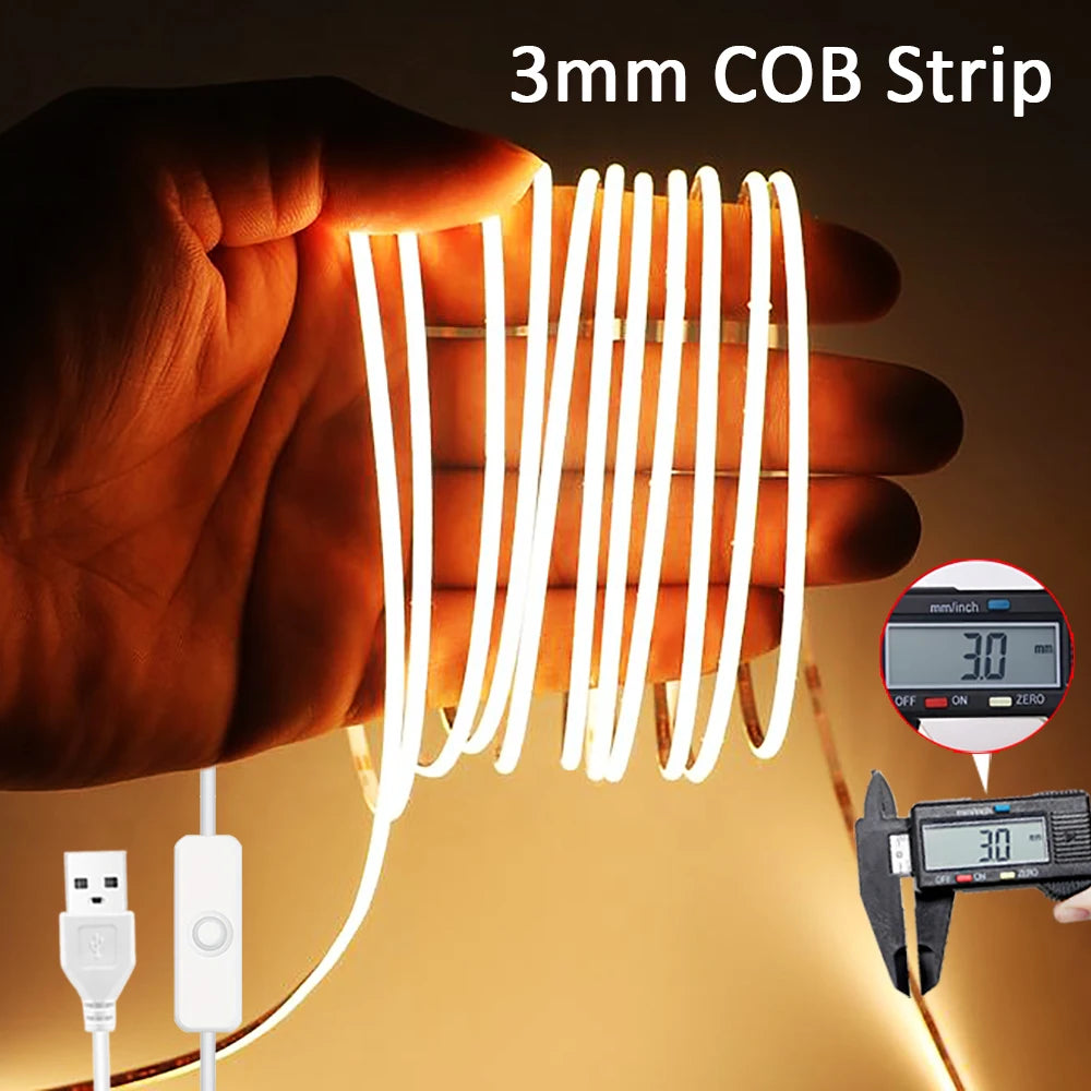 3mm Ultra Thin Led COB Strip USB 5V Flexible Led Strip Lights for Kitchen Room Cabinet Decor TV Mirror Backlight
