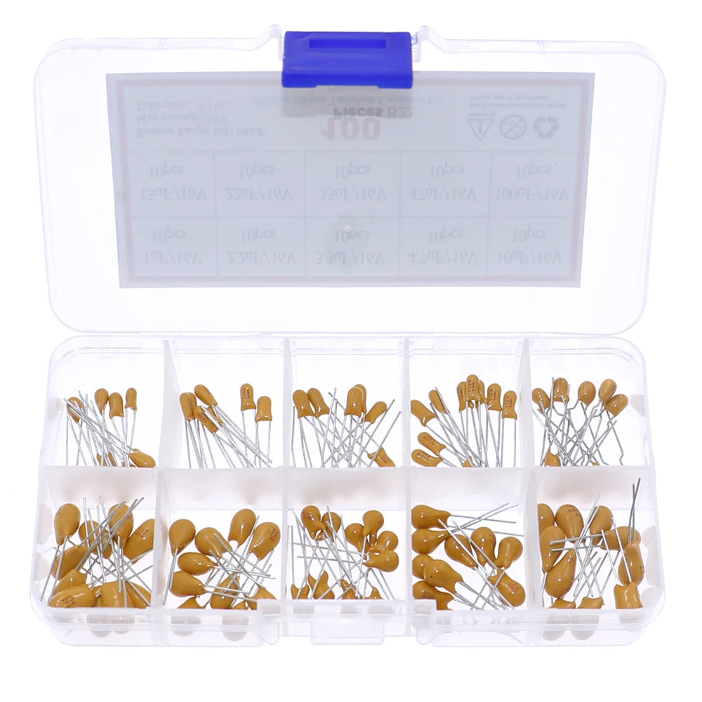 100pcs 10values x 10pcs 16V Tantalum Capacitor Assortment Kit 1uF 2.2uF 3.3uF 4.7uF 10uF 15uF 22uF 33uF 47uF 100uF