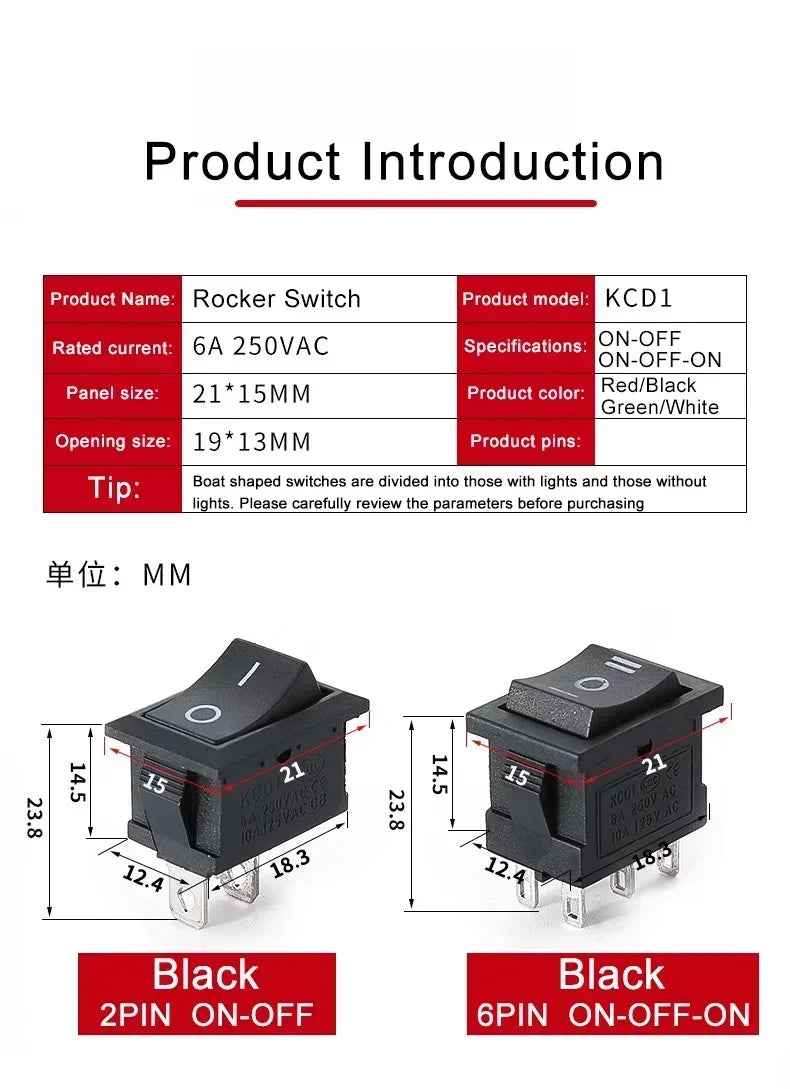 10/30/100 Pcs KCD1 Snap - in Boat Rocker Switch - SPST ON - OFF, 2/3/4 Pin, 250V 6A (AC) / 125V 10A, 2P Toggle Power Snap Switch