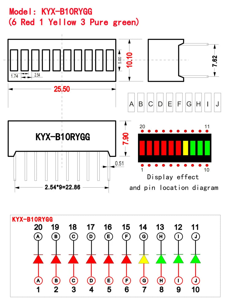 10pcs Multi-Color LED Display Bargraph Light 10 Segments Red Blue Yellow White Green Single Color Battery Level Bar Graph DIY