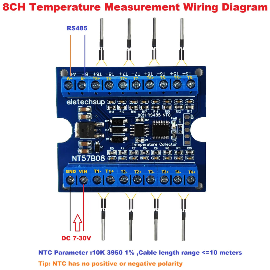 Modbus RTU RS485 NTC Thermocouple Sensors Paperless Recorder Controller 8CH Temperature & Resistance Acquisition Board