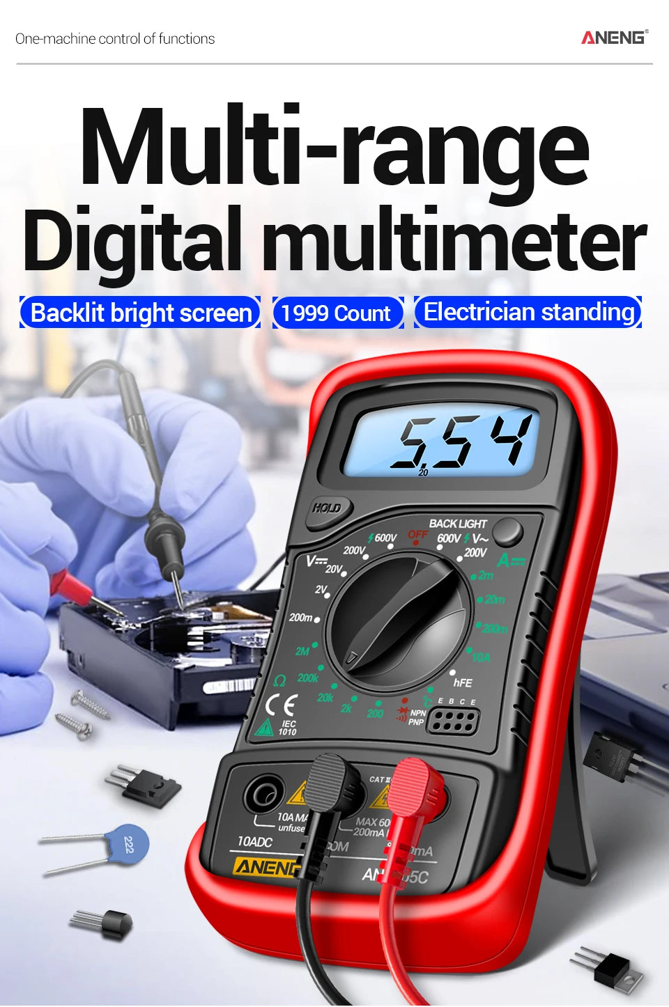 Digital Multimeter 1999 Counts 600V AC/DC Voltage Temp Test for Car Repair ANENG AN8205C Blue Backlight hFE Triode DIY Test Tool