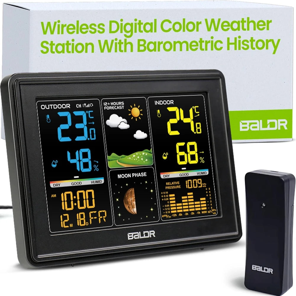 Baldr Weather Station Atomic Digital Alarm Clock Calendar Wireless Humidity Temperature Trend Meter Moon Phase Barometer Sensor