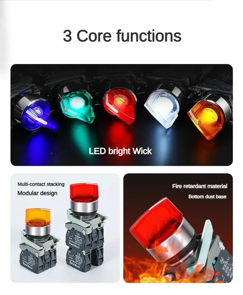 XB4 Knob Switch with Light 22mm 2/3Position Self Locking 1NO/2NO/1NO1NC Select Rotary Switch with LED 12V 24V 220V 10A Red Green