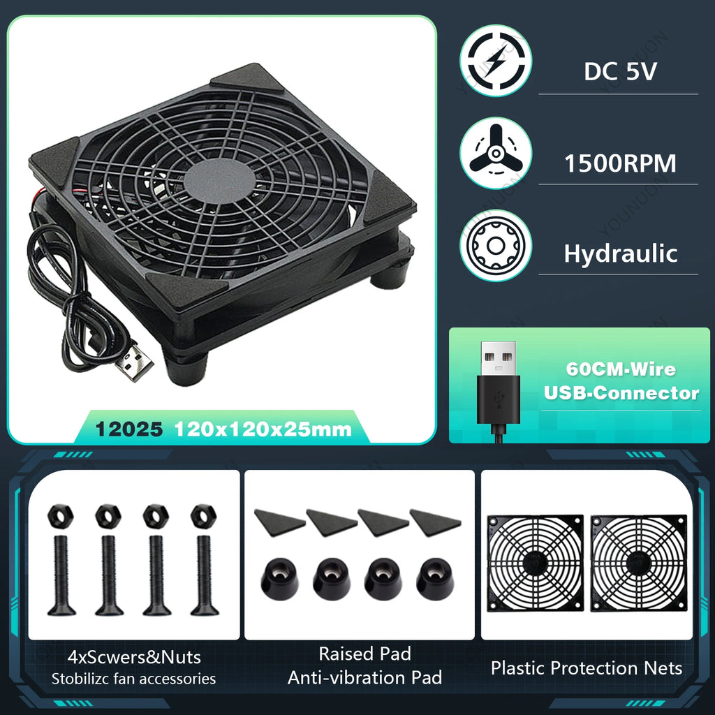 5V USB Router Fan 80mm 92mm 120mm 140mm DIY TV Box Ball/Sleeve Cooler & Protective Net Desktop Cooling Fan