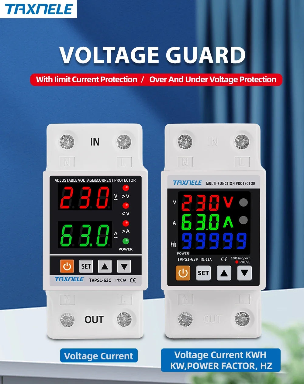 63A 230V Din Rail Adjustable Over Under Voltage Protective Device Protector Relay Over Current Protection Energy KWH Meter