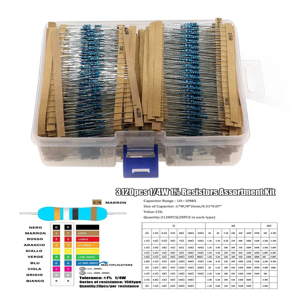 156 Specifications 3120PCS 1/4W Metal Film Resistor Sets 20 Pieces Each 1 Ohm-10M 1% 0.25W