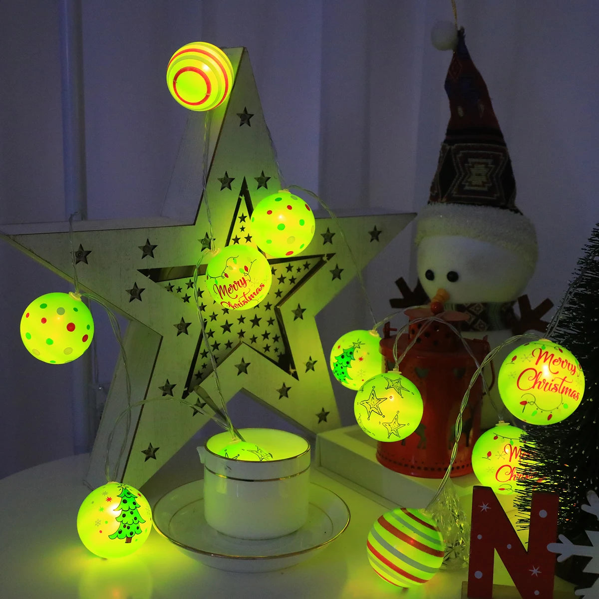 Luminous Xmas Bauble Fairy String Lights, Multipattern Printed Christmas Ball LED Garland, Whimsical Neon Tone Festive Lighting