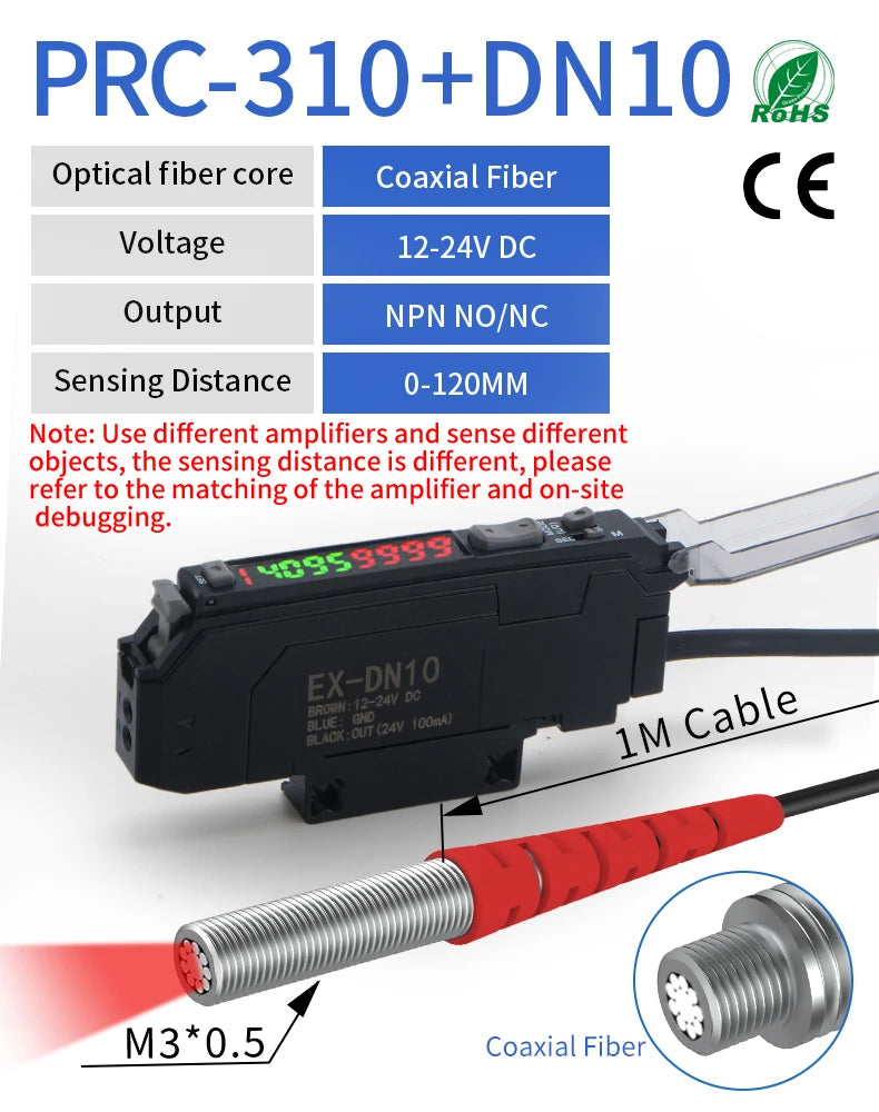 GTRIC Diffuse Reflective Fiber Optic Sensor Kit with Separate Amplifier High Precision12-24V DC NPN NO/NC Photoelectric Sensor