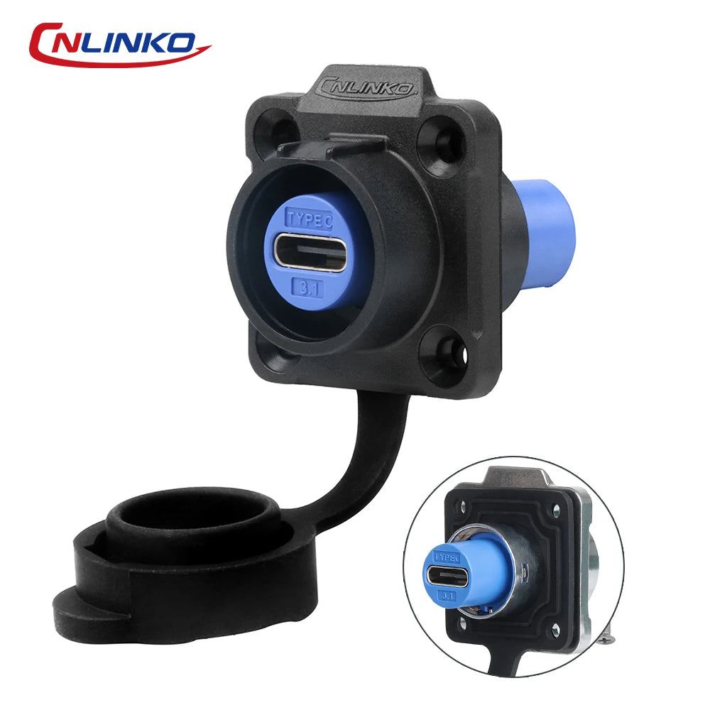 CNLINKO LP16 Waterproof Type-C Connector 5A Female Socket Jacks 10 Gbps Panel Mount Receptacles for Fast Charging Data Transfer