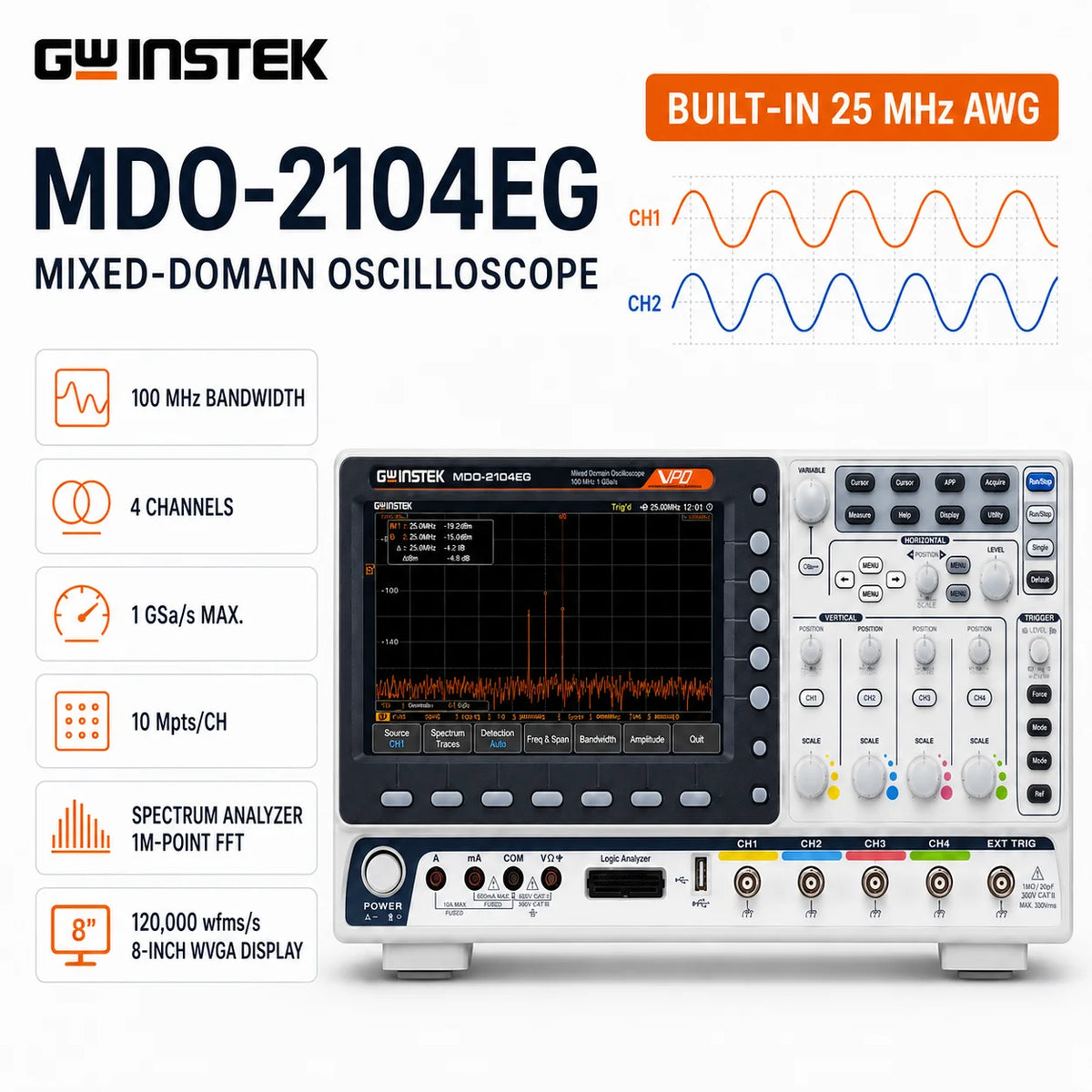 GW Instek MDO-2102EG/2202EG Mixed-Domain Oscilloscope, 100/200 MHz, 2/4-Channel, 1 GSa/s, Spectrum Analyzer, Dual 25 MHz AWG