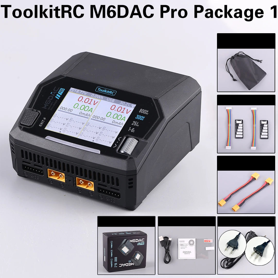ToolkitRC M6DAC PRO V2 Dual Channel Smart Lipo Battery Charger Discharger AC 200W DC 800W 16A for 1-6S LiHV LiPo PD65W FPV Drone