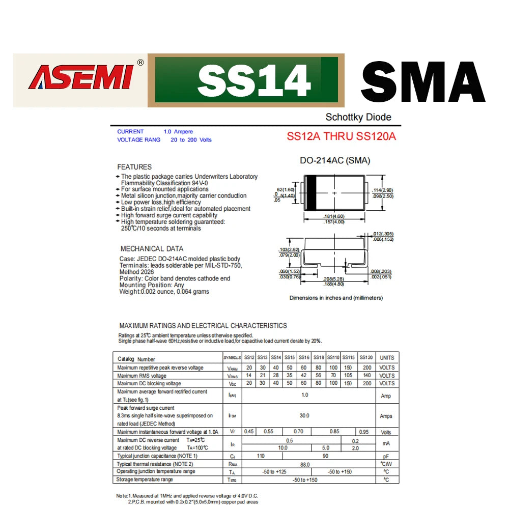100PCS SS14 1A 40V Schottky Diode SMA ASEMI