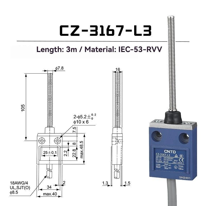 CNTD Micro Travel Limit Switch CZ‑3 Series CZ‑3101 CZ‑3104 CZ‑3108 CZ‑3112 IP67 Waterproof 5A 250V Position Control Switch