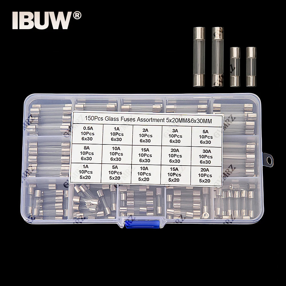 150Pcs 15value 5x20mm 6x30mm Glass Fuse Assorted Kit Box 0.25A 0.5A 1A 2A 3A 5A 8A 10A 15A 20A 30A