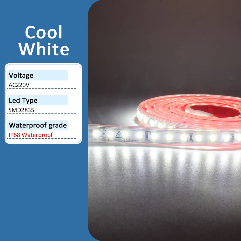 AC 220V LED Strip Light Waterproof SMD 2835 120LEDs/m 1M 5M 10M 20M 30M Flexible Ribbon Tape Lamp for Home Lighting Decoration