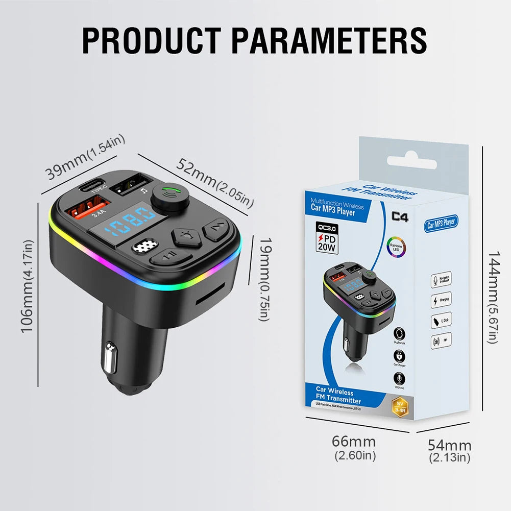 Car Charger Dual USB Type C Car MP3 Player Bluetooth 5.3 Support TF Card U Disk Phone Charger Car FM Transmitter Clear Calling
