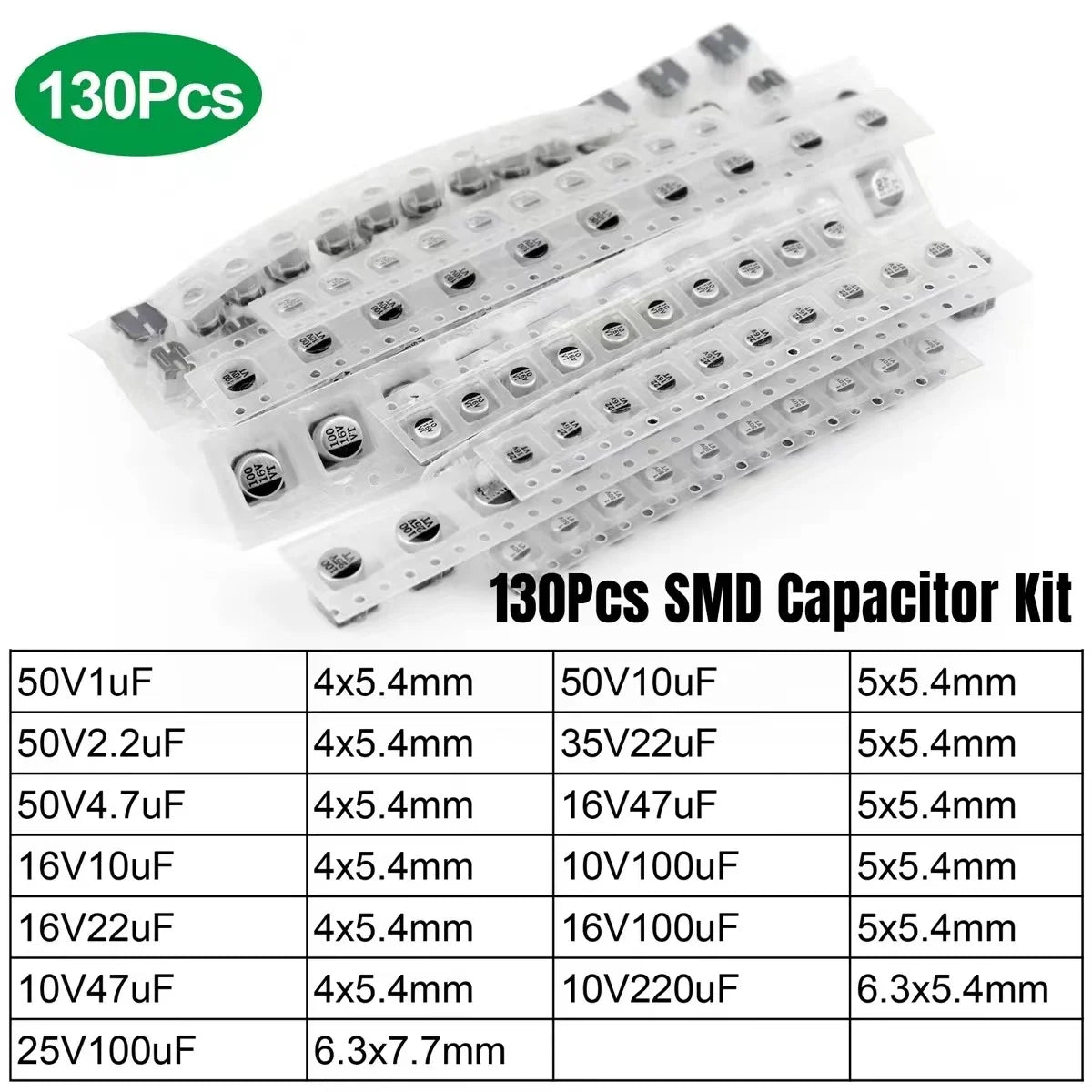 130PCS SMD Aluminum Electrolytic Capacitor 1UF-220UF 13 Value Aluminum Electrolytic Capacitor Combination Kit 10V 16V 25V 50V
