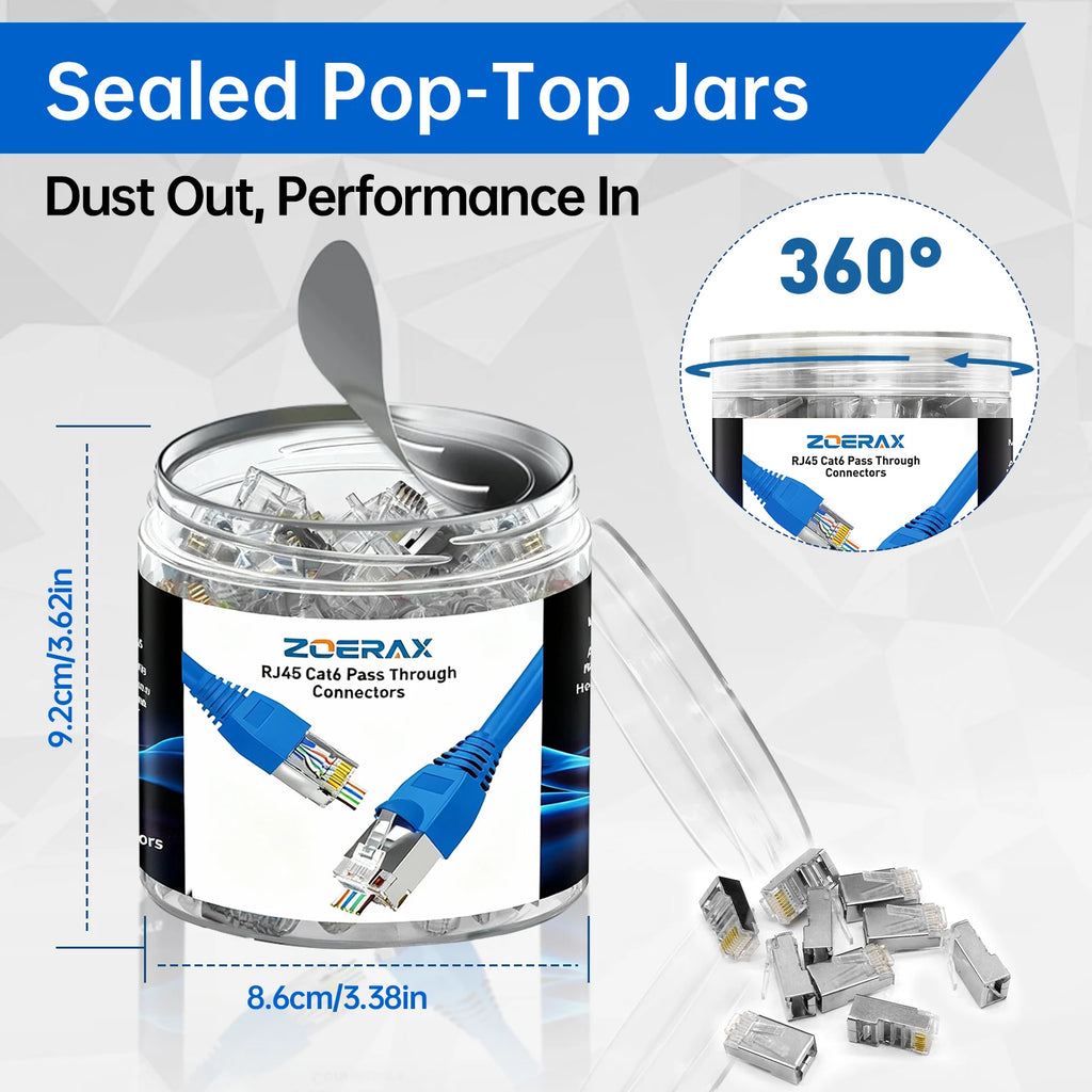 ZoeRax 100PCS Cat6 Pass‑Through RJ45 Connectors with Strain Relief Boots,STP Shielded RJ45 Modular Plugs for 23‑28AWG Ethernet Cable, Cat6/Cat5e Crimp Connector Kit