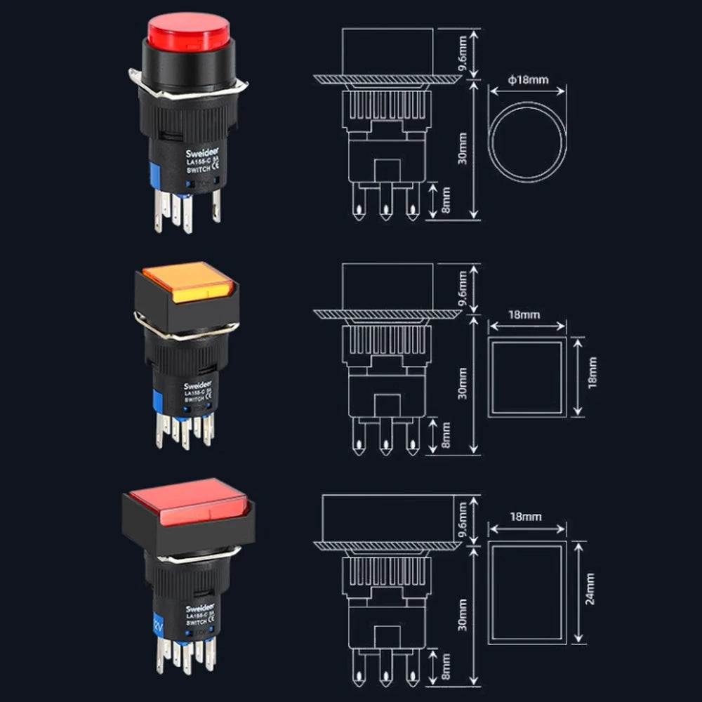 16mm LED Illuminuted Push Button Switch 12/24/220V Momentary Self-locking on Off with Light Square Round Rectangle Power Switch