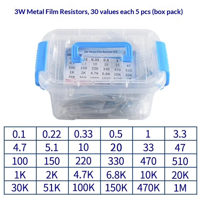 1% 5%  Metal Film Resistor Assortment Kit 1/4W 1/2W 1W 2W 3W 5W Through Hole 30/41/130 Values Electronic Components 300 600 2600