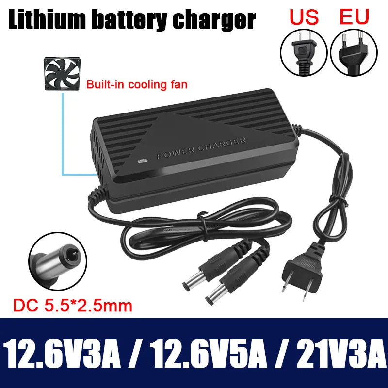 12.6V 5A 6A 18650 Lithium Battery Charger for 21V 3A 4A with Cooling Fan Li-ion Battery Fast Charging Charger Double Line DC 5.5