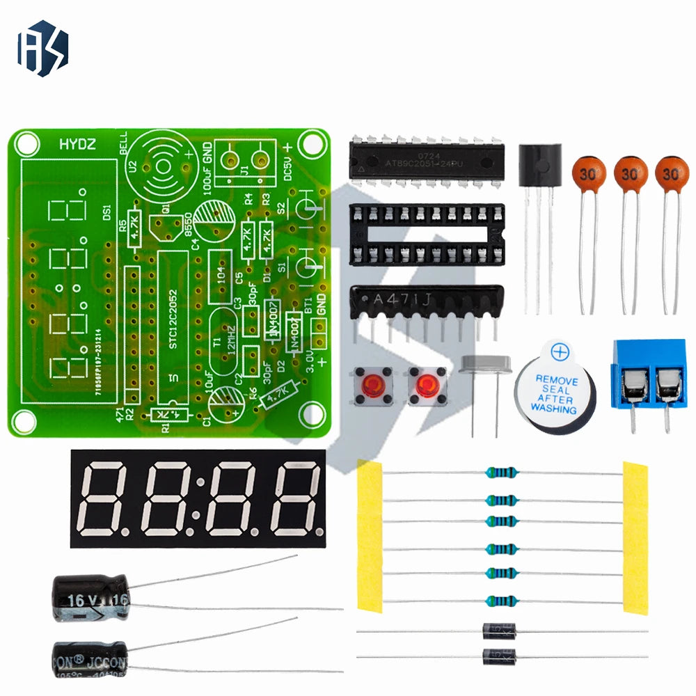 ‌AT89C2051-24PU 8051 Microcontroller LED Clock Kit – 4-Digit 7-Segment DIY Soldering Project with DS1307 RTC (I²C) | Alarm/Timer