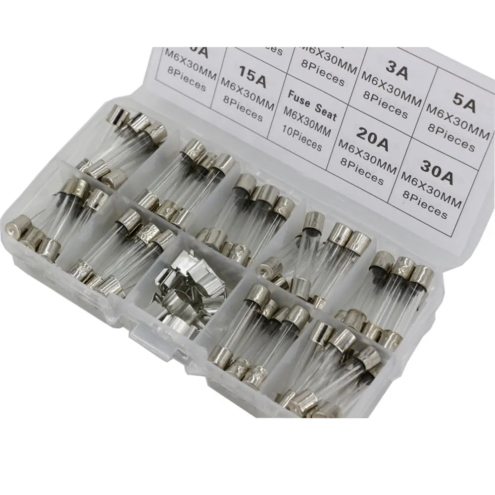 72pcs 6x30mm Fast-blow Glass Fuses Quick Blow Car Glass Tube Fuses Assorted and 10pcs Fuse Seat 6*30 Home Fuse with Box