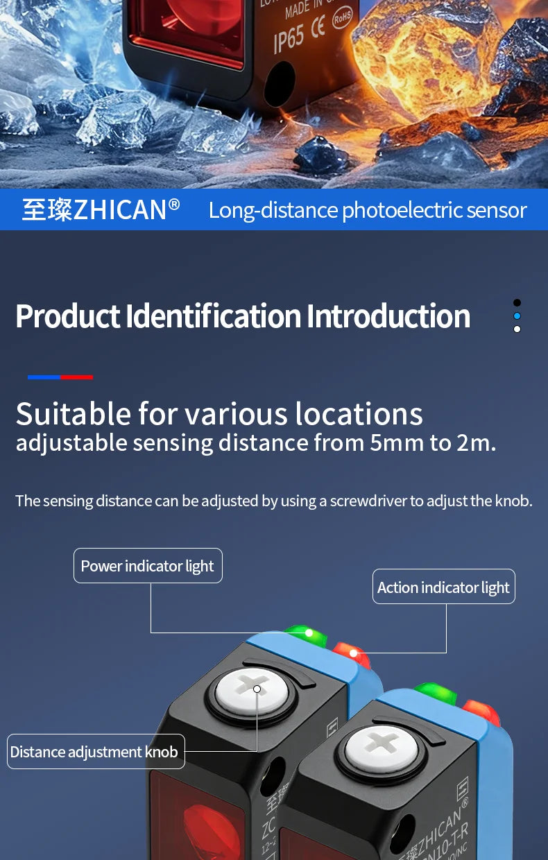 ZHICAN ZC3E Long Range Photoelectric Sensor 2m Diffuse Reflective Switch NPN NO 24V DC Object Detection