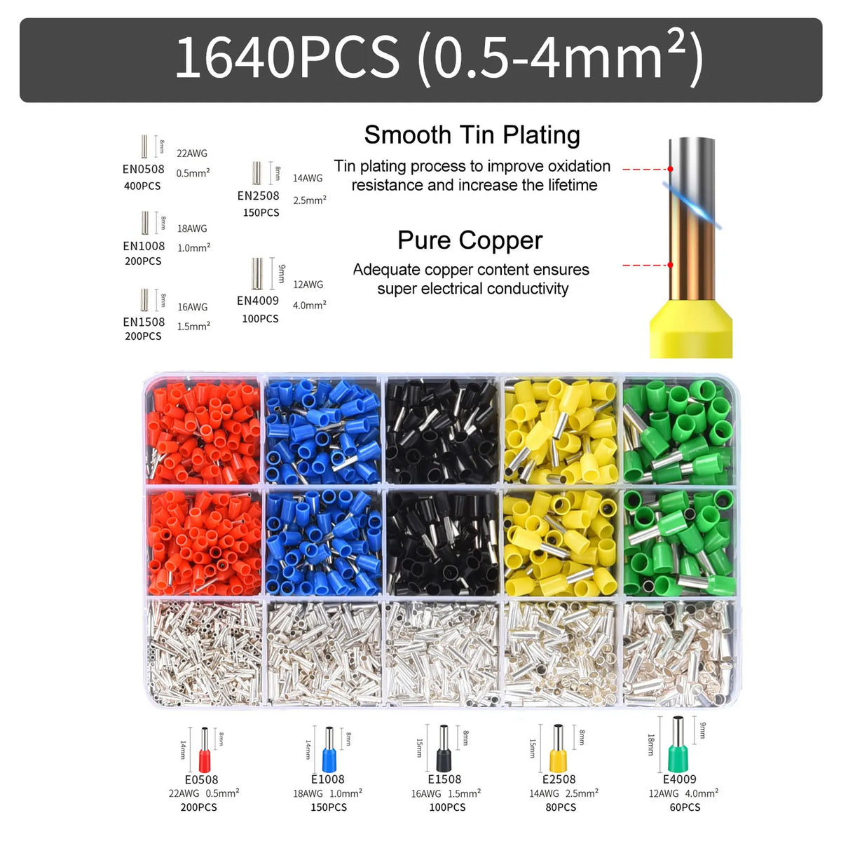 Tube Terminal Boxed Cable Connector Wire Ferrule Terminal Kit - Parallel Wiring Function for Wire Ends