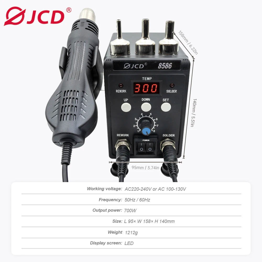 JCD 750W Soldering Station 8586 LCD Digital Display SMD Rework Hot Air Gun Soldering Iron 220V 110V ESD Welding Repair Tools