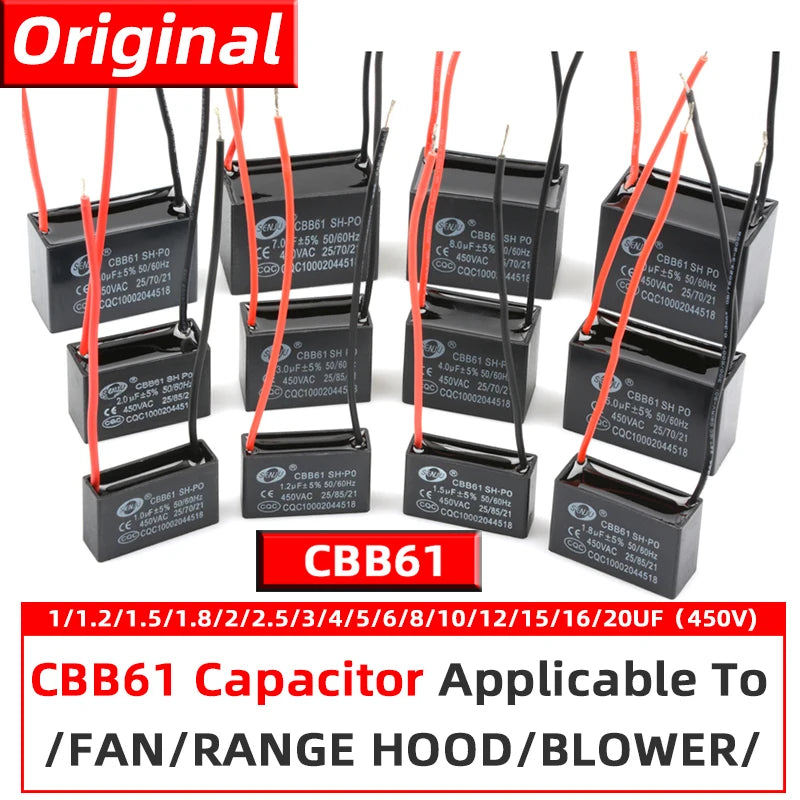 CBB61 Motor Start Capacitor 450V AC Fan Condenser1/1.2/1.5/1.8/2/2.5/3/4/5/6/8/10UF