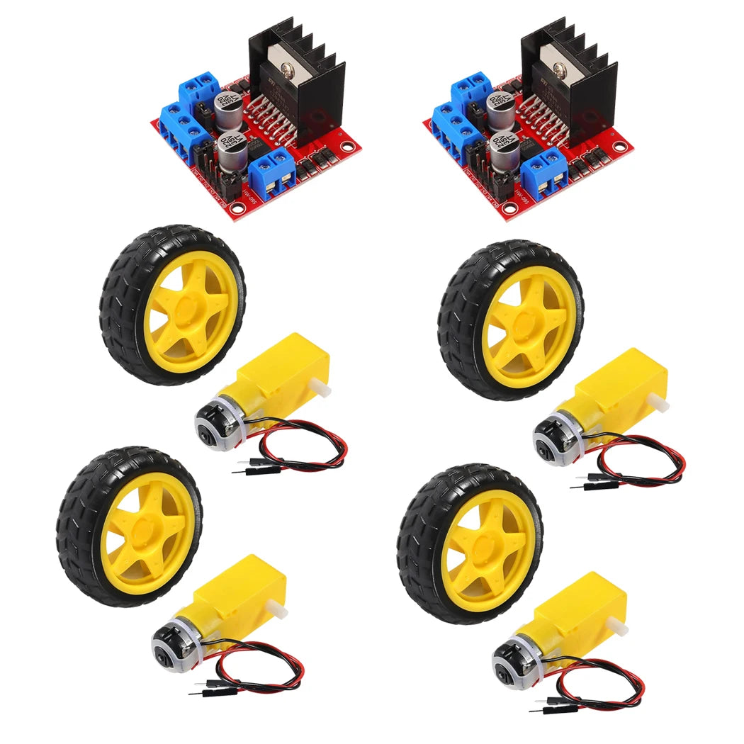 5PCS DC Gearbox Motor TT Motor 200RPM Tire Wheel DC 3-6V 1:48 Male Connector with 1Pc L298N Motor Drive Controller Board