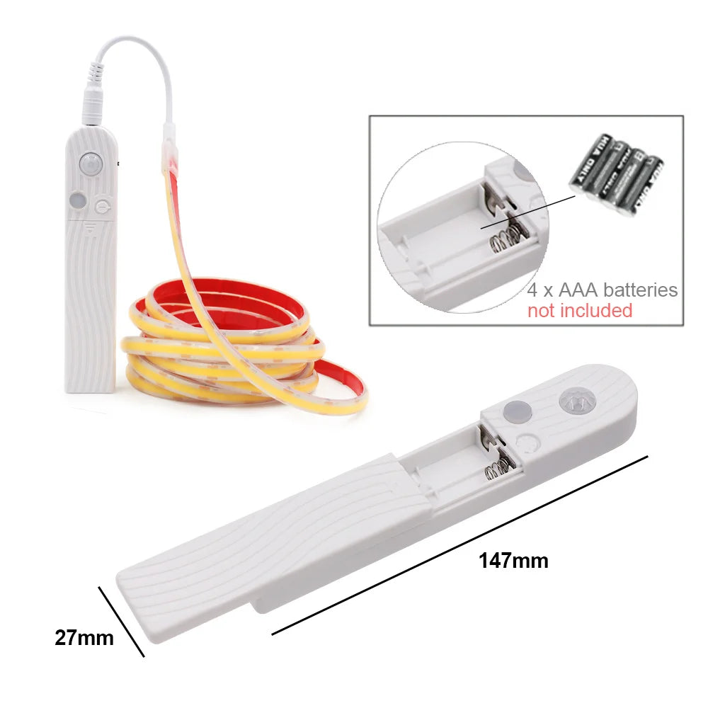 Waterproof Motion Sensor COB Light Battery USB Powered Led Strip IP68 5V Auto ON/OFF Cabinet Kitchen Staircase Liner Lighting