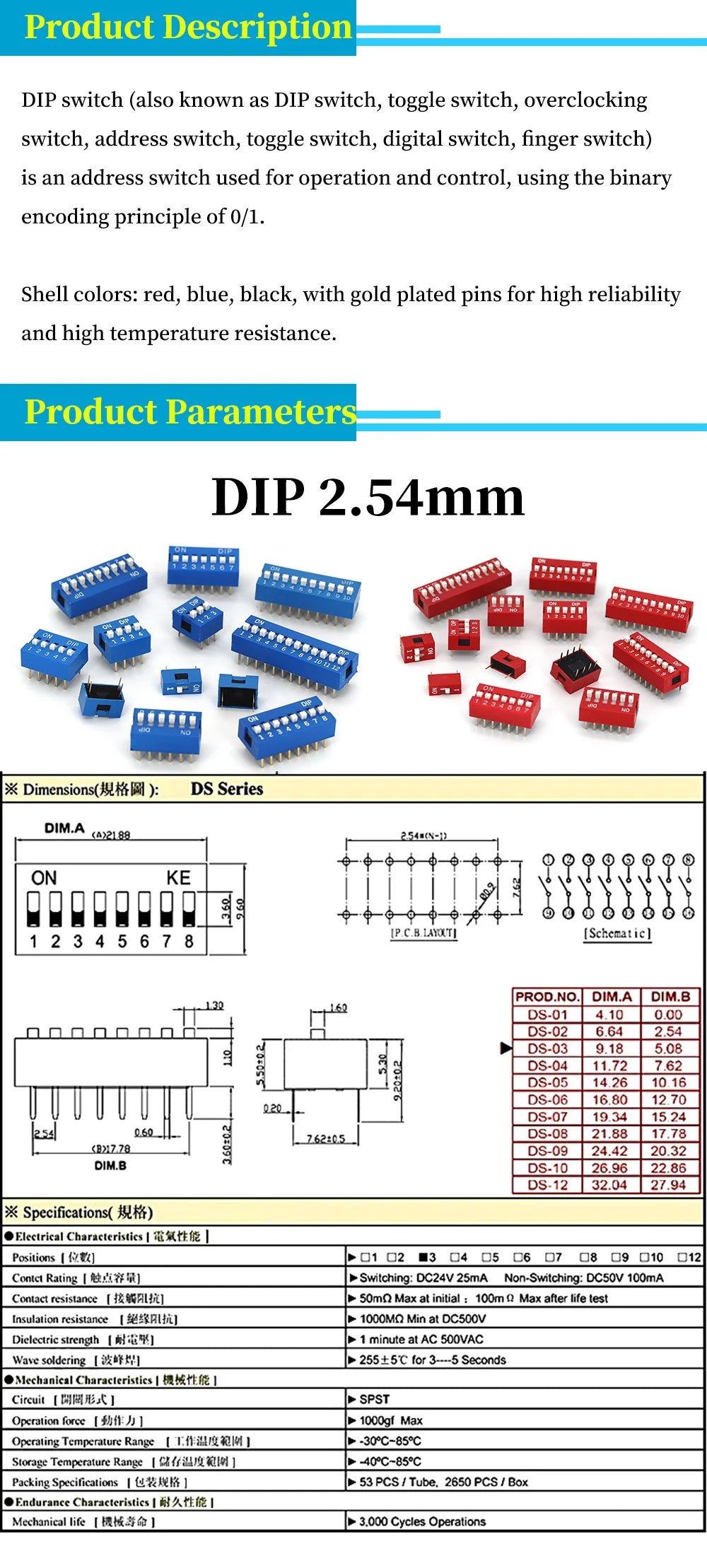 1/2/3/4/6/8/10Pin Slide Type Dial Switch Blue DIP 2.54MM Spacing DIP Toggle Switch Blue Snap Switch Dial