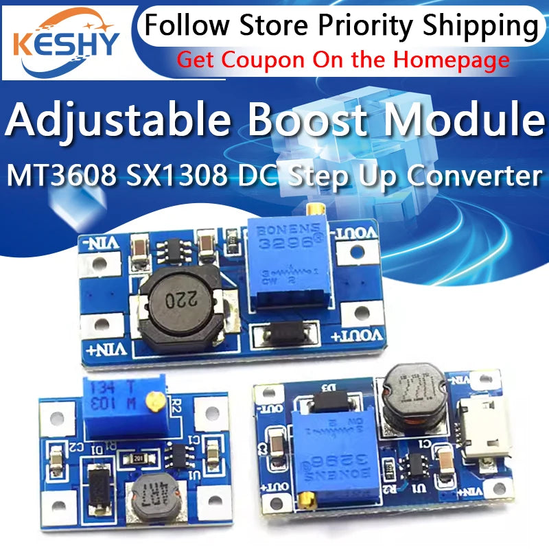 1-10PCS MT3608 SX1308 Adjustable Boost Module DC-DC Step Up Converter Module 2A 2V-24V To 5V 9V 12V 28V Boost Power Supply Board