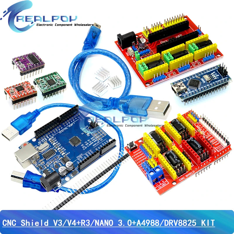 CNC shield V3 / V4 Engraving Machine 3D Printer + 4PCS A4988 / DRV8825 driver Expansion Board + NANO 3.0 For UNO- R3 USB Cable