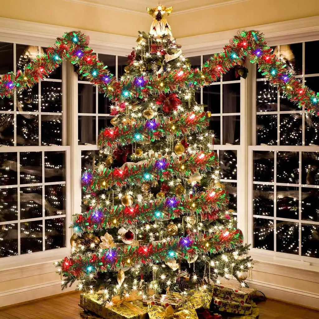 1pc Christmas Tinsel Garland Metallic Shiny Garland With LED Lights Christmas Tree Garland Thick Hanging Suitable For Home Decor