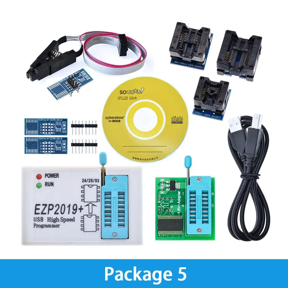 EZP2019 USB SPI Flash/EEPROM Programmer – Multi-Chip Support (24/25/93/BIOS) with 5 Universal Adapter Sockets
