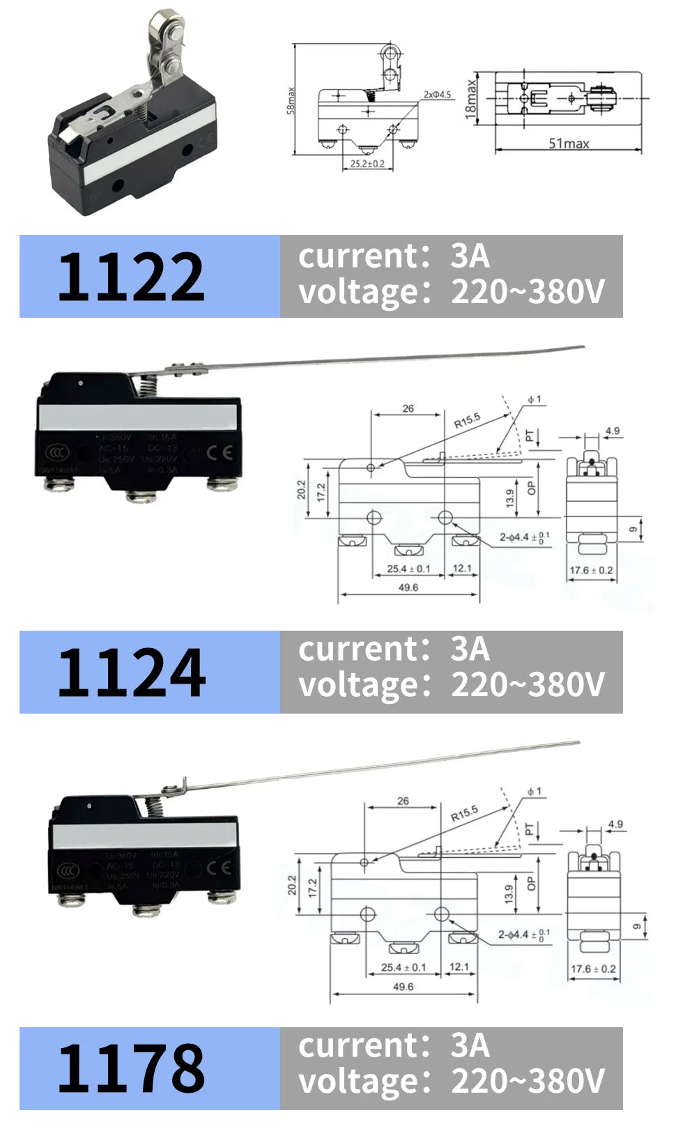 10Pcs SPDT NO+NC Hinge Roller Lever Microswitch Action Switch