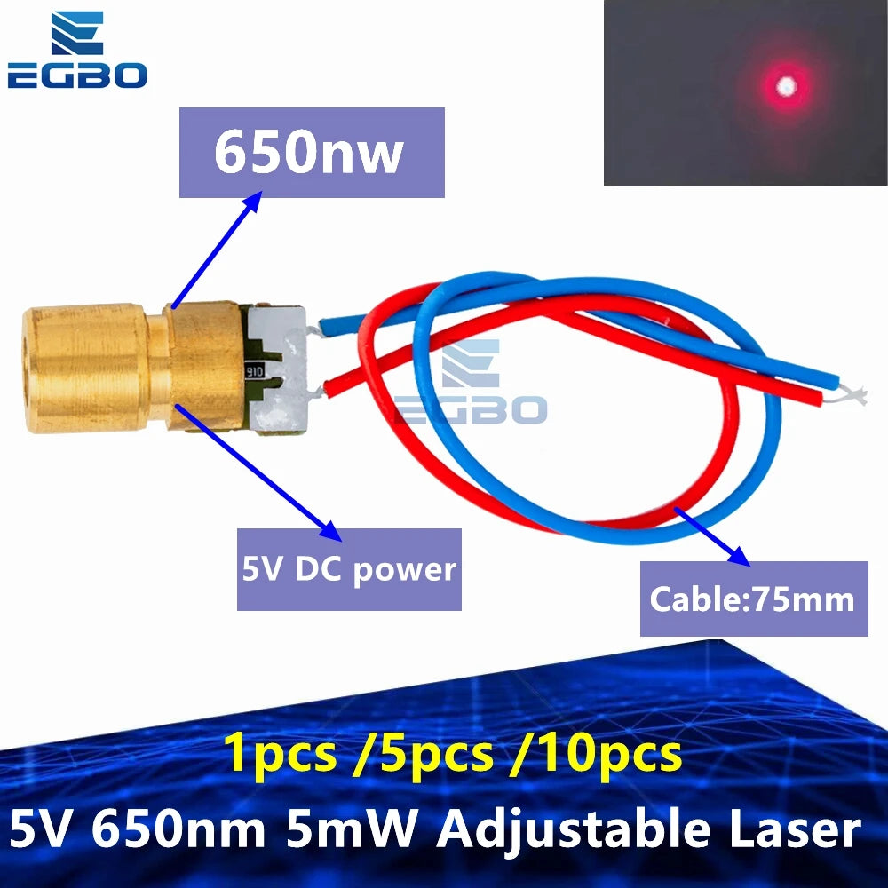 1PCS~20PCS EGBO 5V 650nm 5mW Adjustable Laser Dot Diode Module Red Sight Copper Head Mini Laser Pointer