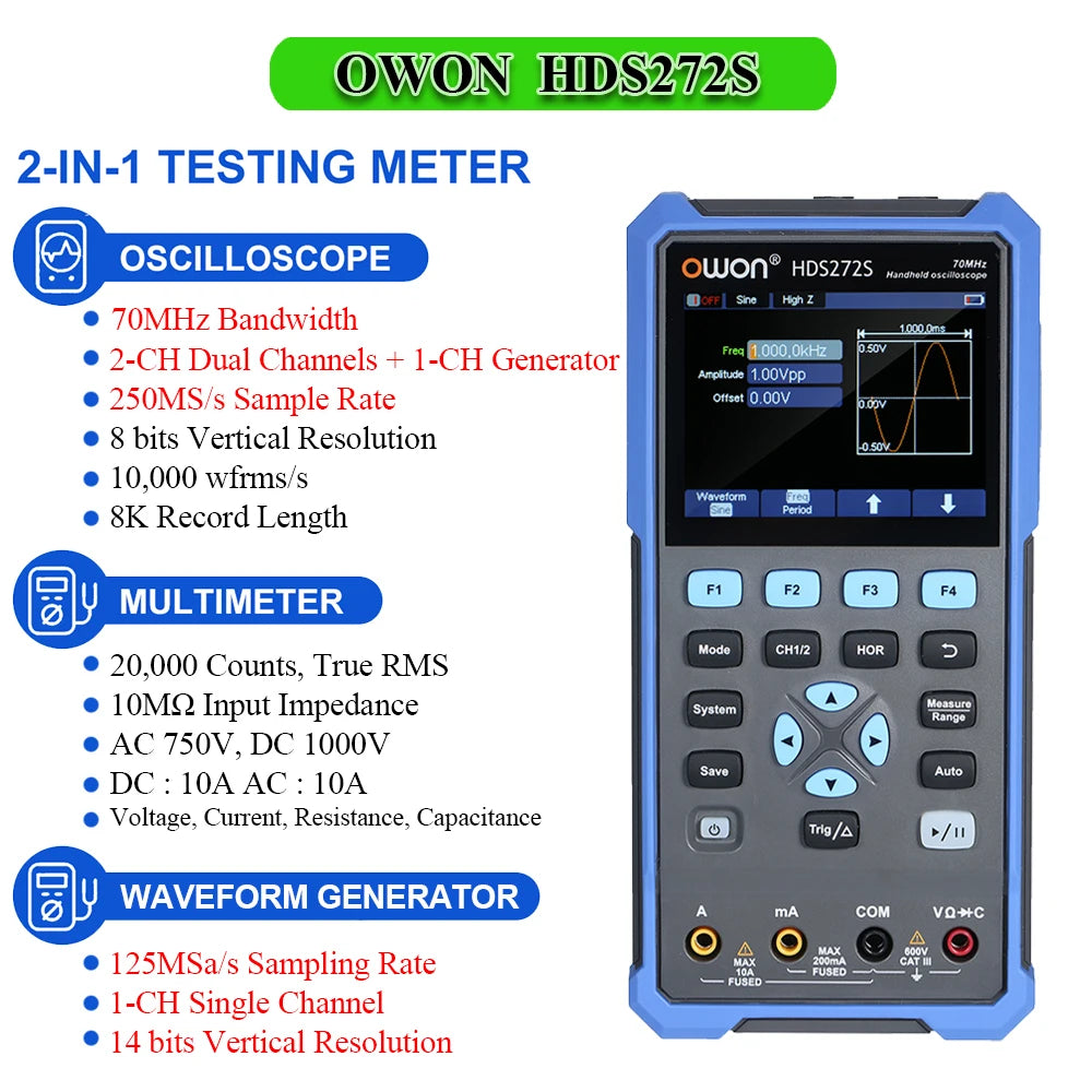 OWON HDS2202S 2102S Digital Oscilloscope 2Channels 200Mhz 1GSa/s Portable 3in1 USB Osiclloscopes + Multimeter+Waveform Generator