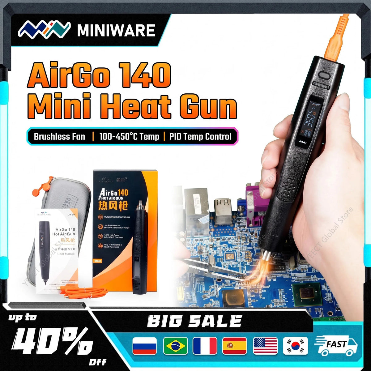 MINIWARE AirGo 140 Portable Hot Air Gun 140W PD3.1 USB-C Electric Heat Gun 115g Compact For Phone Repair BGA Desoldering