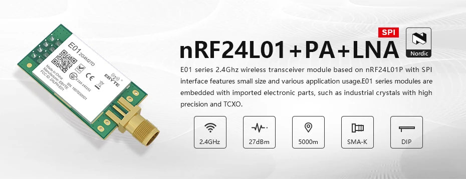 2PCS nRF24L01P 2.4GHz 500mW E01-2G4M27D SPI Transceiver E01-2G4M27D 27dBm SMA Long Range nRF24L01 PA LNA Transmitter Receiver