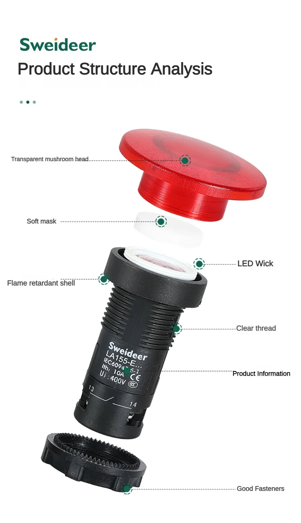 22mm Mushroom Button Switch Momentary Self Reset Emergency Stop Push Button Switch Power Start Switch with Light Red Green 5A