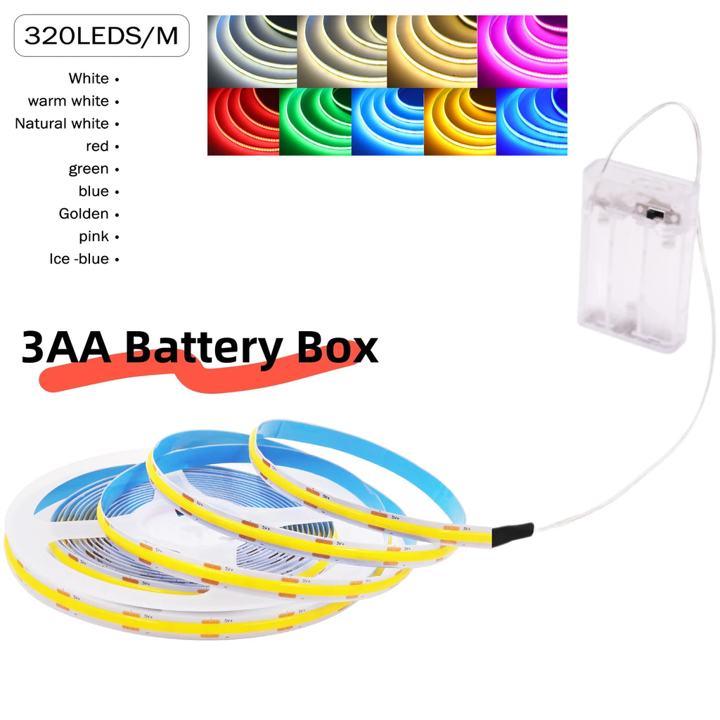 3AA Battery Box 5V COB Led Strip 320LEDs/M 8MM PCB For Room TV Backlight Flexible Tape Light Ice Blue/Red/Green/Pink/White/Warm