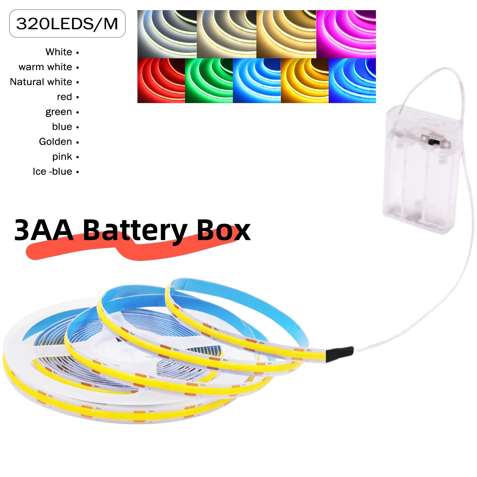 3AA Battery Box 5V COB Led Strip 320LEDs/M 8MM PCB For Room TV Backlight Flexible Tape Light Ice Blue/Red/Green/Pink/White/Warm