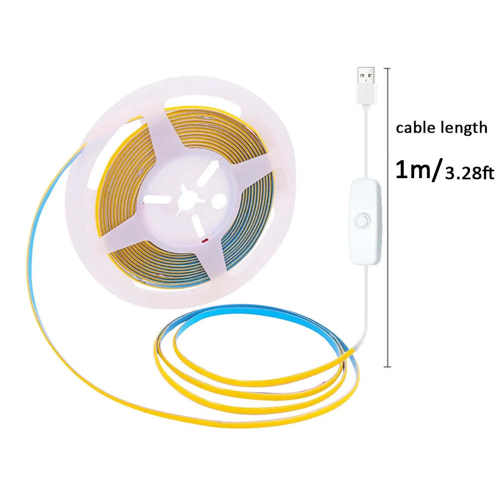 3mm Ultra Thin Led COB Strip USB 5V Flexible Led Strip Lights for Kitchen Room Cabinet Decor TV Mirror Backlight