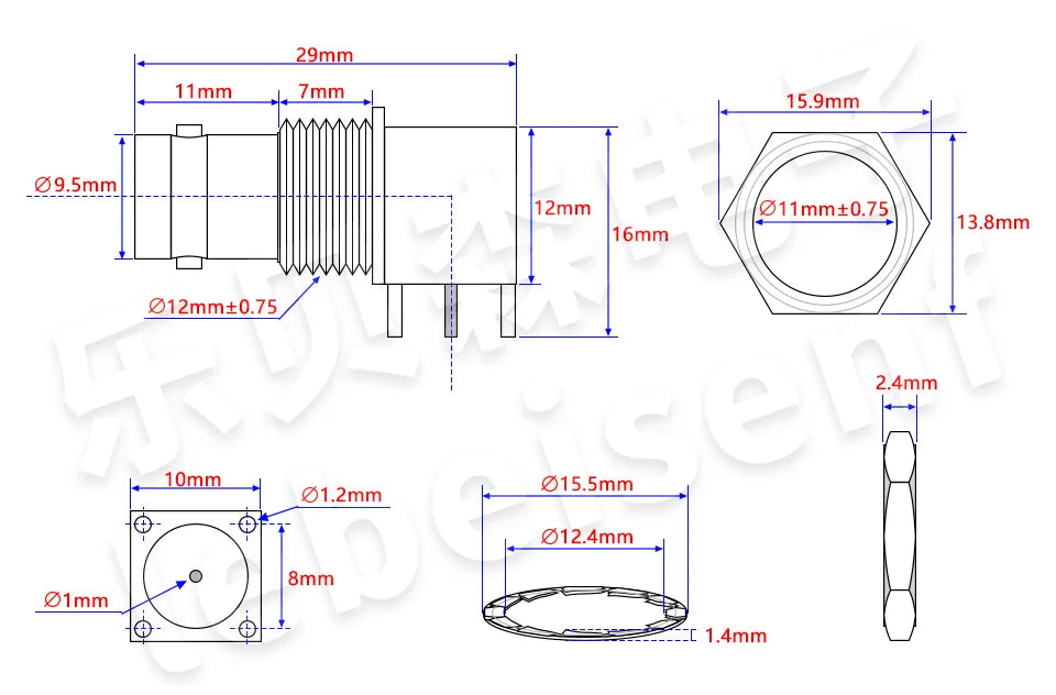 50/75ohm Four-pin BNC socket welding board BNC-KYE connector BNC-KE curved four-pin board Q9 female seat copper